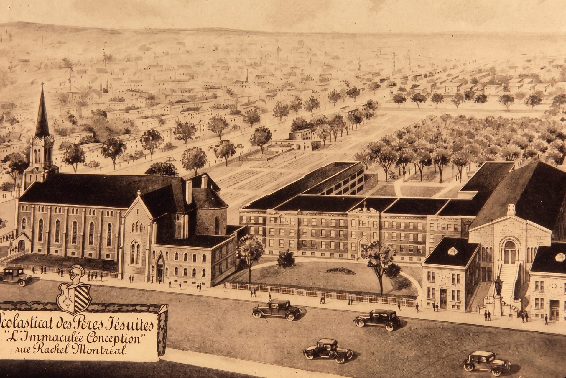 Lithographie ancienne du scolasticat et de l'église